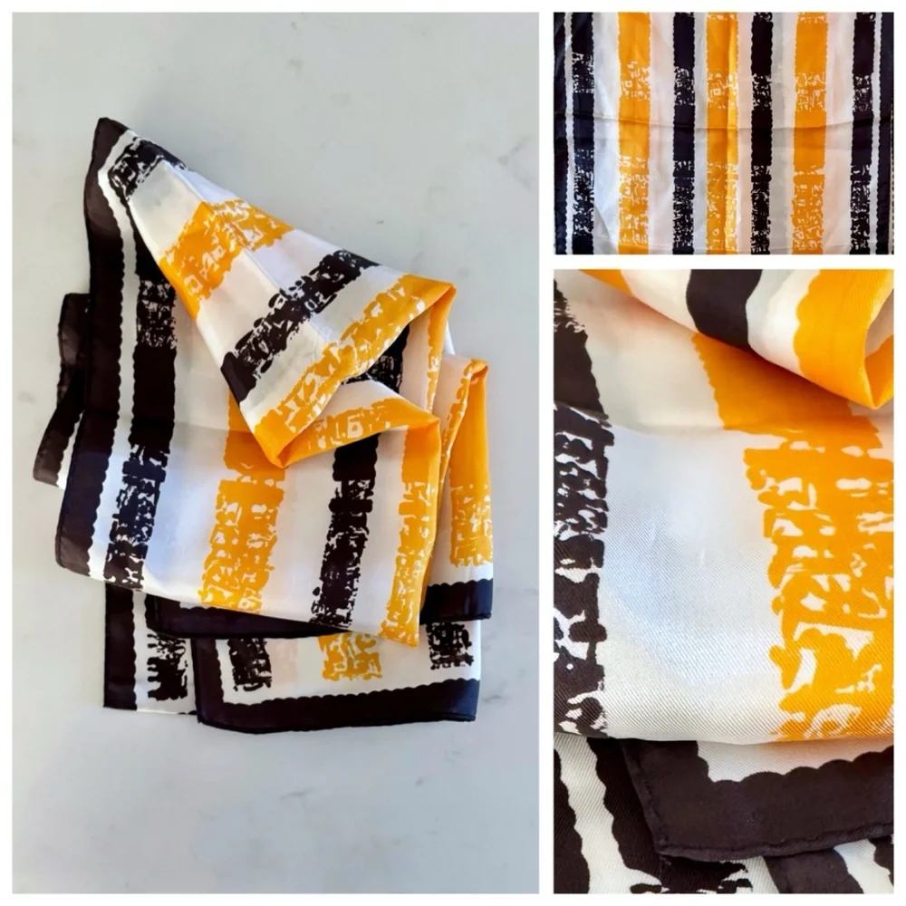 BUNDLE (2) Retro Print Scarves: Sheer Pink Stripe & Art Stripe (Mustard & Black)